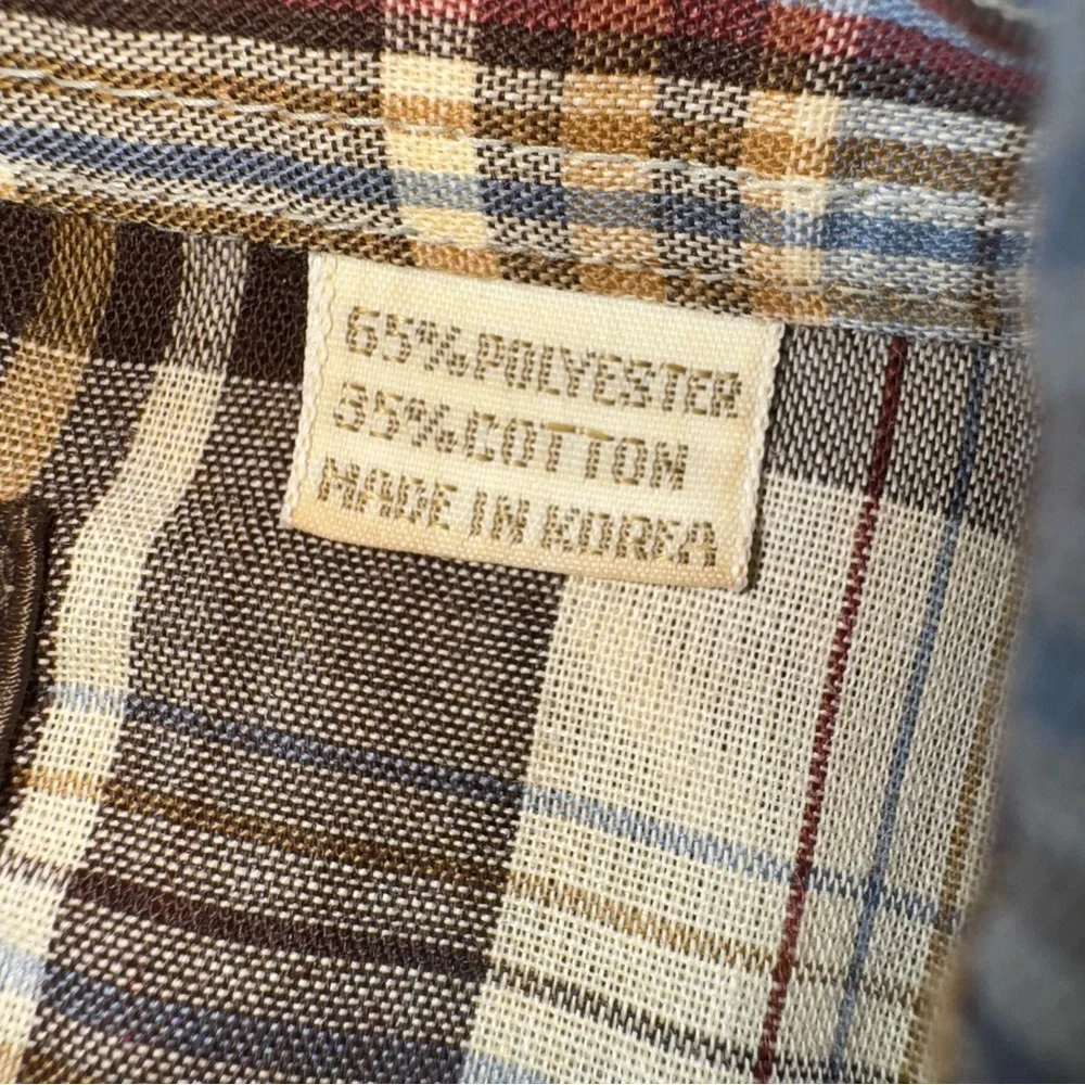 JC PENNEY MENS WESTERN SHIRT SIZE 15.5-34 PEARL SNAPS BROWN/ BLUE PLAID THIN